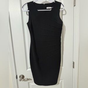 Calvin Klein Black Sleeveless Midi Sheath Dress with Asymmetric Pleats